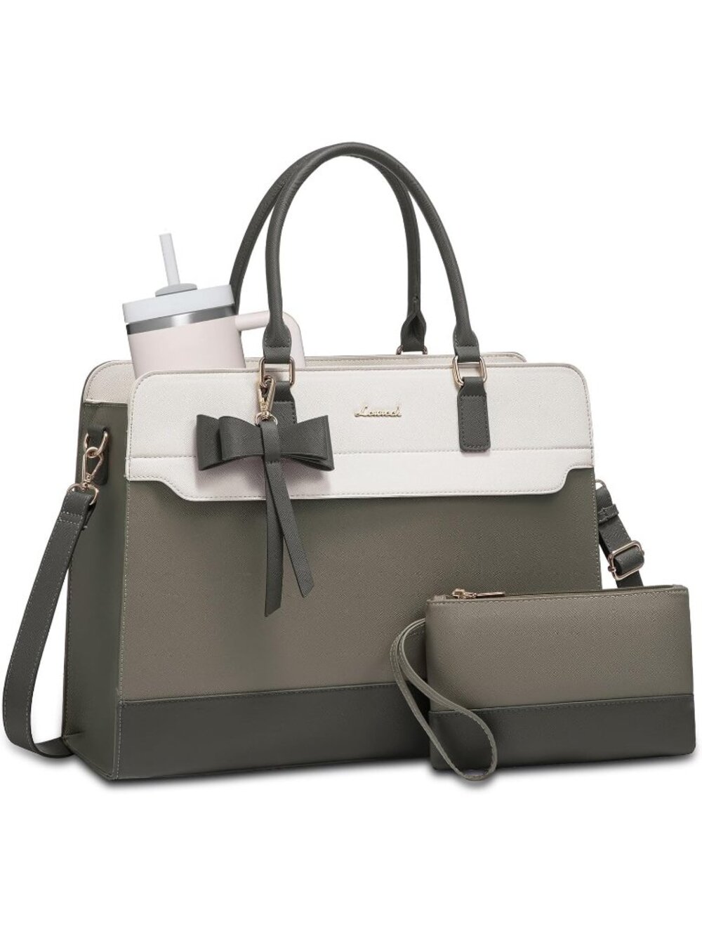 Women's Green Leather Waterproof Striped Zipper Laptop Briefcase Tote Handbag